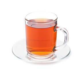 Cup of hot tea on white background