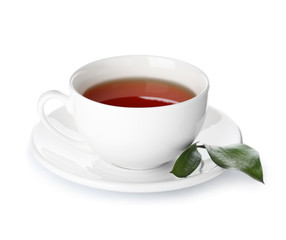 Cup of hot tea on white background