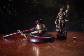 Law scales, dollars cash money, judge gavel, handcuff. Vintage old style sepia photo with fog