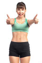 Fitness woman white background. Asian woman. Thumbs up, happy look.