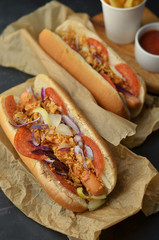 Tasty hot dog with vegetables