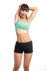Fototapeta na wymiar Fitness woman warming up isolated on white background. Asian lady. Shoulder stretch.