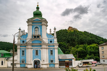 Fototapeta na wymiar St. Nicolas Orthodox Church and Kremenets castle on Mount Bona over town Kremenets, Ternopil region, Ukraine. August 2019
