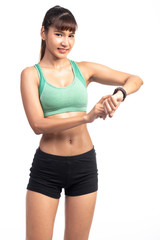 Fitness woman using smart watch isolated in white background. Asian girl, confident user smile.