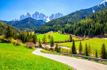 Gartenposter Dolomiten Alpine road with a beautiful view in Santa Maddalena village, Dolomites, Italy.