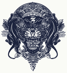Black panthers and mayan sun calendar. Esoteric tattoo and t-shirt design. Wild cats totem and jungle. Mesoamerican mexican art © intueri