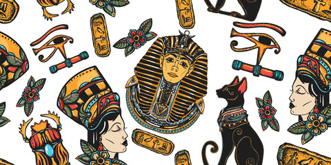 Ancient Egypt seamless pattern. Pharaoh, black cats, sacred scarab, queen Cleopatra, eye Horus. Old school tattoo style. Ancient egyptian civilization background