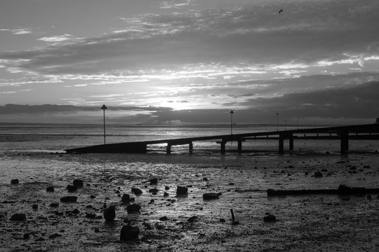 Black and white image of Southend Beach, Essex, England