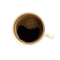 Cup of black coffee isolated on white background. Top view.