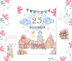 Cute watercolor cartoon rats and Gingerbread houses. Watercolor hand drawn animals illustration. New Year 2020 holiday drawing illustration. Symbol 2020 characters set. Merry Christmas gift card
