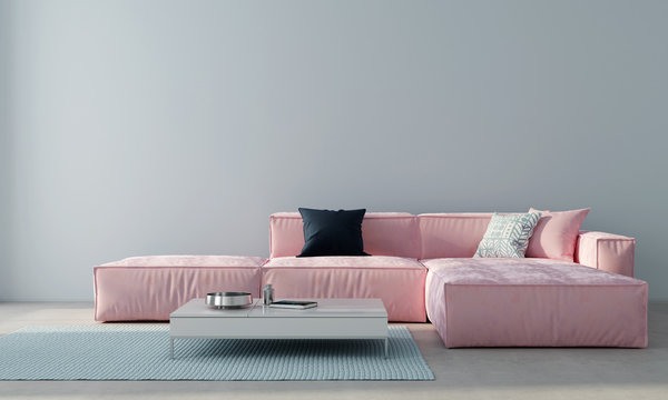 Modern living room with pink sofa. 3d render