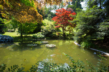 BELLAGIO, ITALY, JUNE 19, 2019 - View of Gardens of Villa Melzi in the village of Bellagio on Como lake, Italy