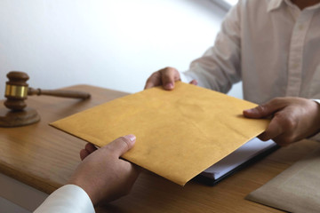 Lawyer send a contract documents to client in office. consultant lawyer, attorney, court judge, concept.