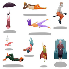 Naklejka premium Set of nine levitating people of different sexes and ages. There are shadows below them on the ground. White background, vector.