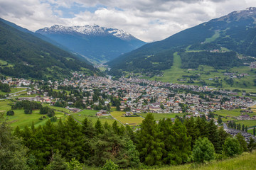 Top view of Bormio in summertime, an Italian town in the province of Sondrio in Lombardy and renowned winter and summer tourist resort in the Alps, Italy.