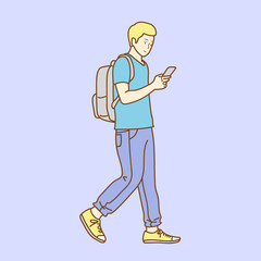 Happy man using phone while walking on street. Concept of young people working mobile devices. Vector illustration.