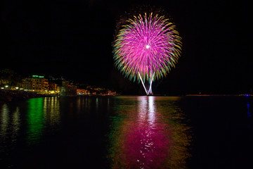 RAPALLO, ITALY JULY, 3, 2019 - Fireworks in Rapallo, Genoa province, Ligurian riviera, Italy.