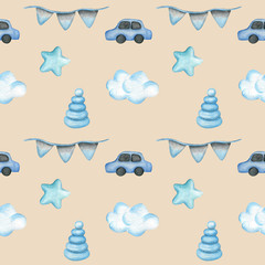  Watercolor illustration, seamless pattern for a boy. Blue decor. Kids Design. Kawaii