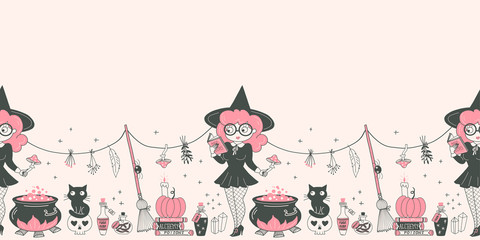 Witchcraft hand drawn vector seamless pattern. Witch reading magic spell, brewing potion in cauldron. Halloween party decoration elements. Wizardry wrapping paper, wallpaper textile design