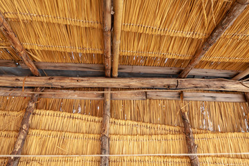 traditional bamboo roof structure. Roof made with leaves. Background and texture of dry leaf. Dry leaf for roof. structure of roof.