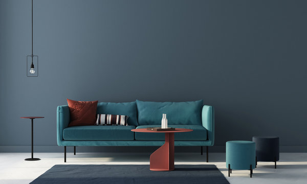 Living room in blue with terracotta tables. 3d render