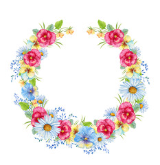 Flower wreath pansies , daisies .Illustration in watercolor,a bouquet of flowers on isolated background