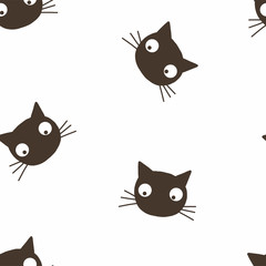 Black cat head vector seamless pattern. Spooky kitten, wizard animal on white background. Cute cat looking calm. Witch pet, funny halloween wrapping paper, wallpaper textile design
