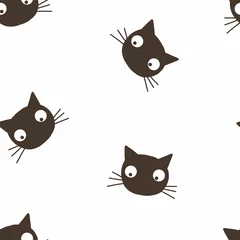 Fotobehang Katten Zwarte kat hoofd vector naadloze patroon. Spooky kitten, tovenaar dier op witte achtergrond. Leuke kat die kalm kijkt. Heksenhuisdier, grappig halloween-inpakpapier, behangtextielontwerp