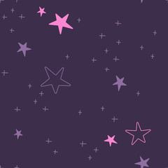 Starry sky hand drawn vector seamless pattern. Constellation simple abstract texture. Stars cluster purple, pink drawing on dark background. Astrology minimalist wrapping paper textile design