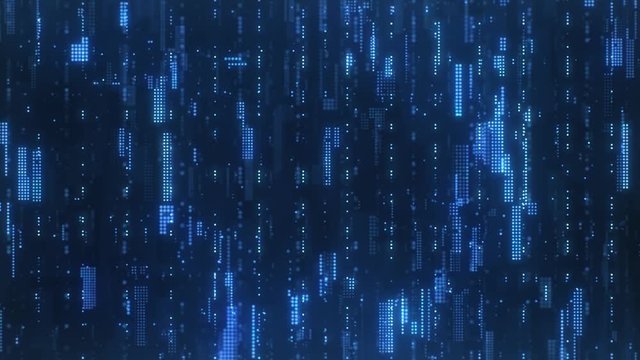 Flying along the abstract high-tech looking particles, which resemble the bright blue flickering pixels combined into matrices randomly spaced over a dark background.