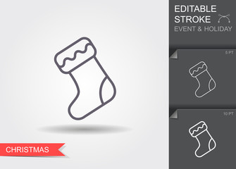 Christmas sock. Line icon with editable stroke with shadow