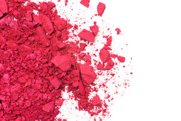 Red eye shadows on a white isolated background.A sample of a cosmetic product for facial skin, close-up.