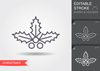Christmas holly berry leaves. Line icon with editable stroke with shadow