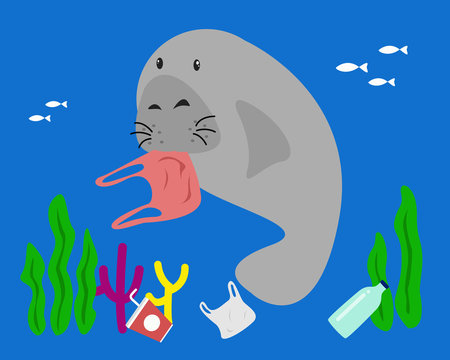 Manatee Eat Plastic Bag. Stop Ocean Plastic Pollution Concept.