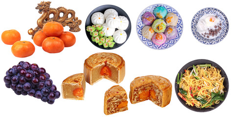 Isolated food for Chinese mooncake festival as friut, varities mooncake,fried chinese noodle and Chinese traditional desert.