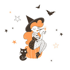 Witch sitting on pumpkin flat vector illustration. Smoking sexy girl in hat with black cat isolated cartoon character on starry white background. Winking sorceress, halloween costume design element