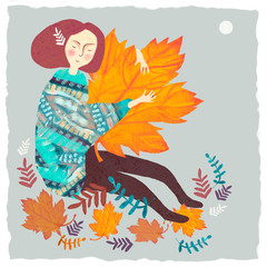 Hand drawn illustration with colorful autumn leaves and woman on gray background © liyavihola