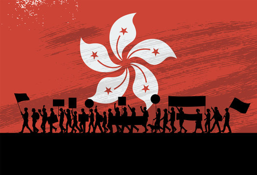 Silhouette of people protesting with a flag of Hong Kong as a background