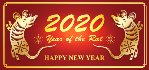 Gold paper cut rat zodiac, Chinese new year 2020 year of the rat, Vector Illustration