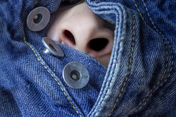 Close-up nose is stuck in jeans unbuttoned fly. The nose sticks out of men's pants. Humorous...