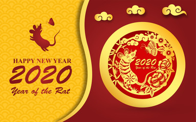 Gold paper cut rat zodiac, Chinese new year 2020 year of the rat, Vector Illustration
