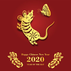 Gold paper cut rat zodiac, Chinese new year 2020 year of the rat, Vector Illustration