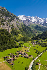 Fototapeta na wymiar Aerial view of lauterbrunnen Valley and Jungfrau swiss alps behind, Switzerland.