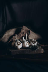 Closeup garlic on wooden texture on for cooking on dark background
