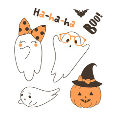 Cute ghosts flat vector illustrations set. Flying bat, frightened spook specter in glasses, laughing ghost wearing bow, pumpkin in hat isolated cliparts pack. Halloween characters on white background