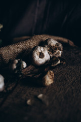 Closeup garlic on wooden texture on for cooking on dark background