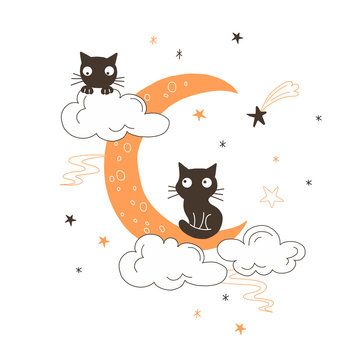 Black cats on moon flat vector illustration. Sorceress animal, midnight moonlight. Black magic, halloween kitten. Witch pet on crescent moon with stars and clouds isolated design element