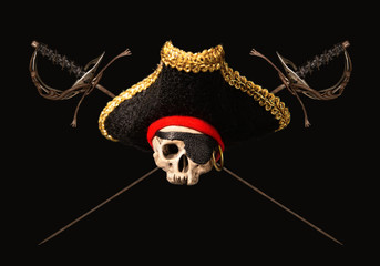 skull in a pirate cocked hat with crossed old swords on a dark background