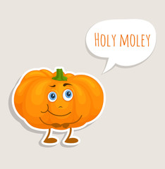 character pumpkin with an exclamation. Cute cartoon hero sticker. Vector illustration on the theme of harvest and Thanksgiving.