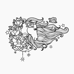 Unicorn with a long mane and roses. Hand drawn vector illustration black white. Vector